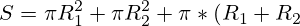 S=\pi R_1^2 + \pi R_2^2 + \pi * (R_1+R_2)\sqrt{(R_1-R_2)^2 + H^2}